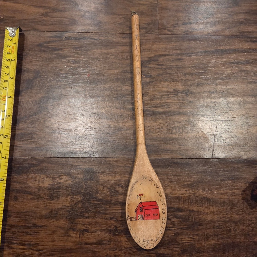 Antique Ruggles Hand Painted Wooden Spoon Red Barn Folk Art Wall Decor 12.5in